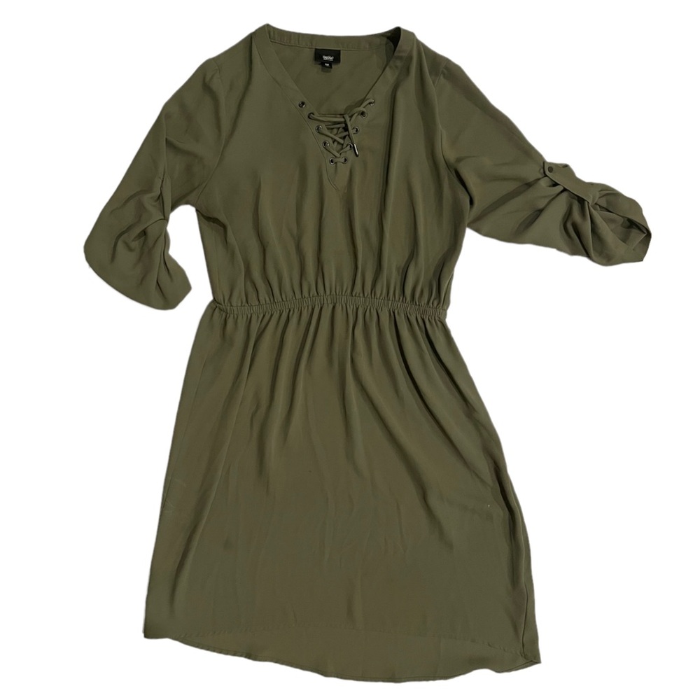Mossimo Criss Cross V Neck Olive Green Cinch Waist Midi Dress Adjustable Sleeves